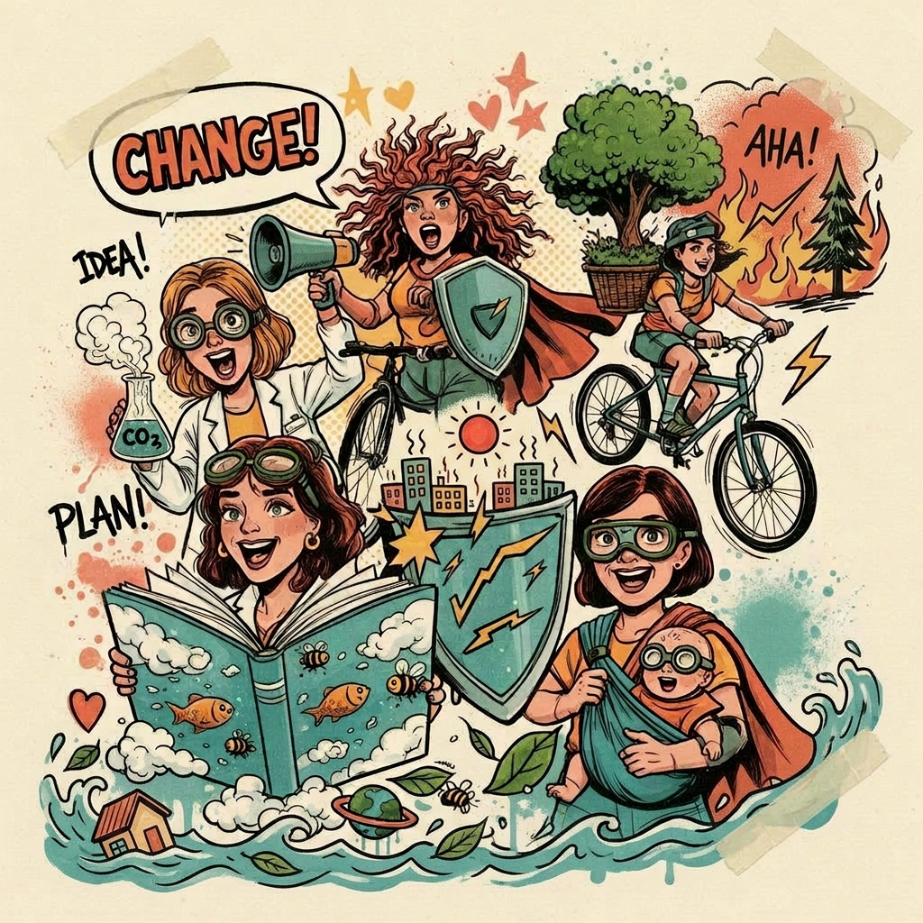 Paper-cut collage of people planting trees, biking and engaging in climate action